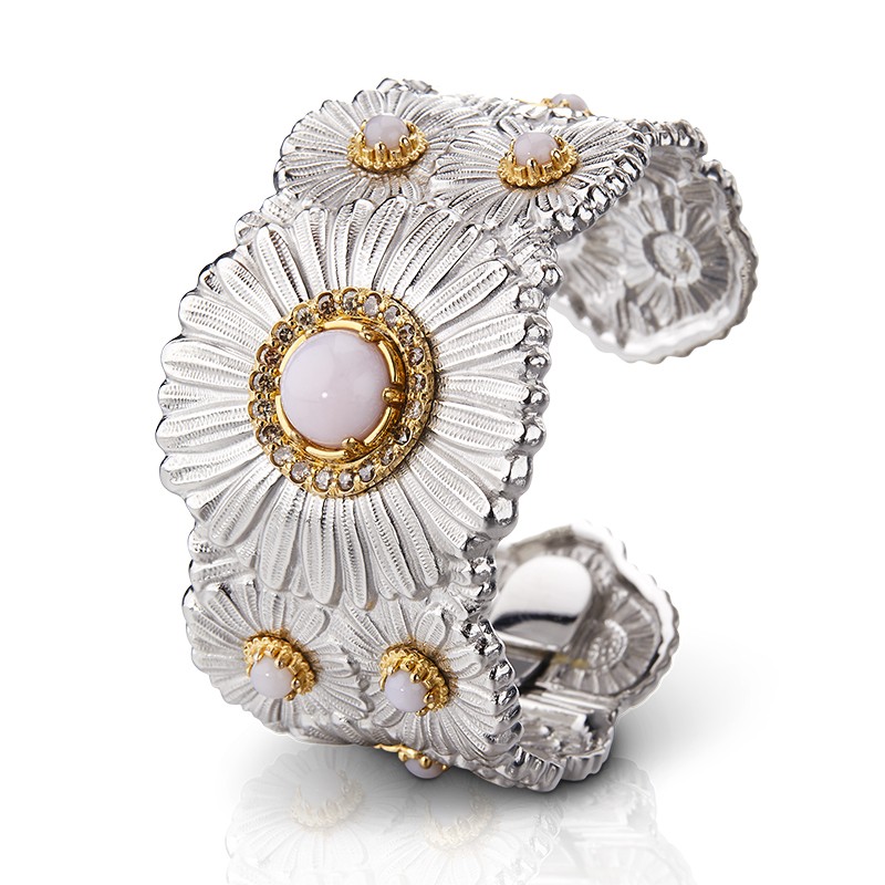 Buccellati Silver Pink Opal & Diamond Daisy Cuff Bracelet